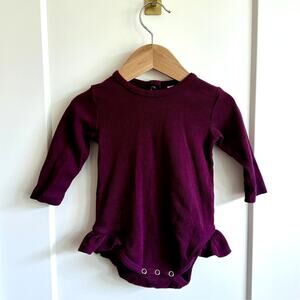 Kate Quinn Organic Skinny Rib Ruffle Leg Bodysuit in Deep Violet - 6-12 Mo